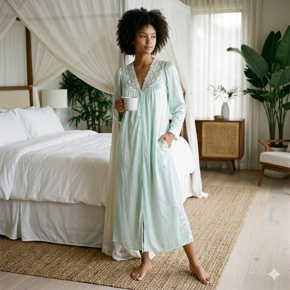 Vintage Vanity Fair Mint Green Robe Small | Covered Button Front Luxury